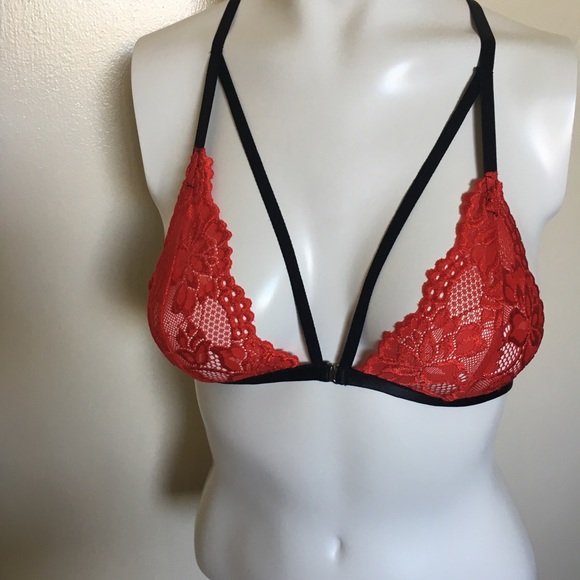 Red Strappy bralette lace front clasp handmade New - Picture 3 of 8
